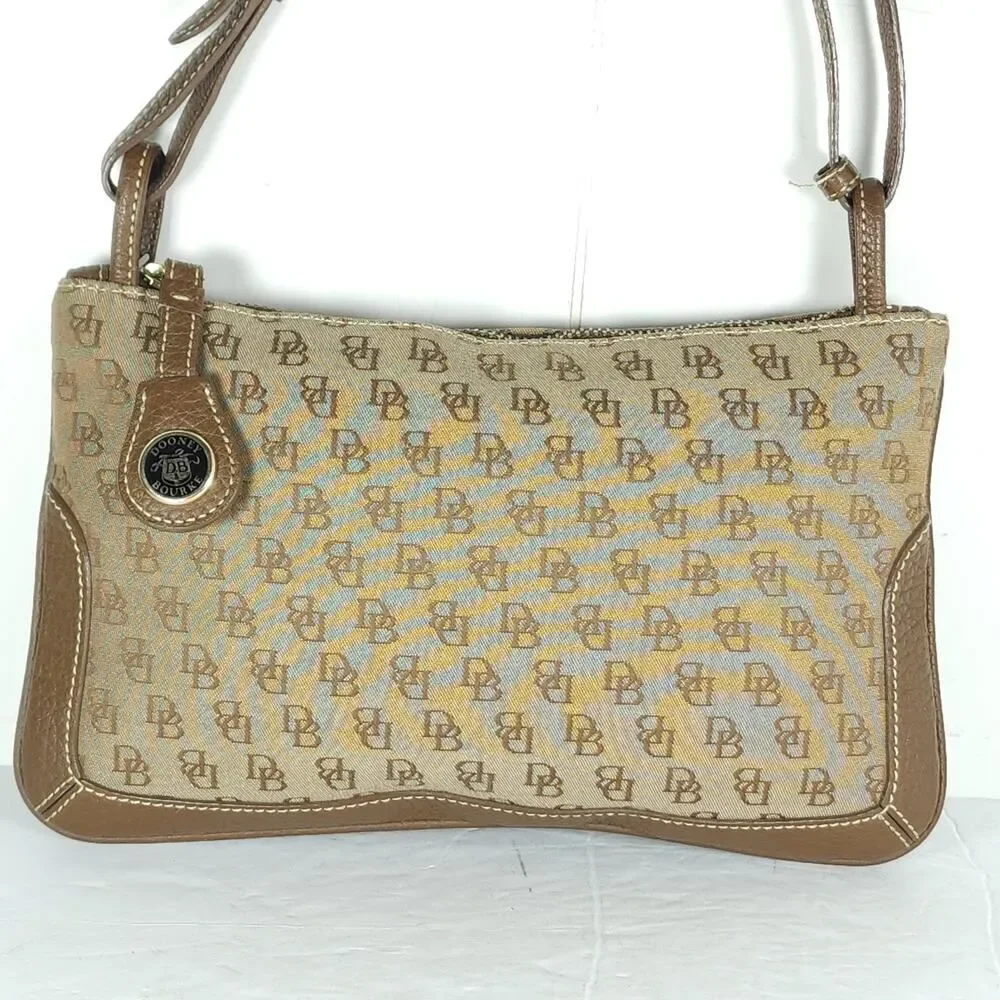 Dooney & Bourke Vtg Brown Canvas Leather Monogram Slim Mini Shoulder Bag Purse